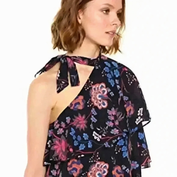 Ella Moon Dresses & Skirts - Ella Moon One Shoulder Mini Dress Large L Floral Ruffle Bow Tie Neck Blue Pink
